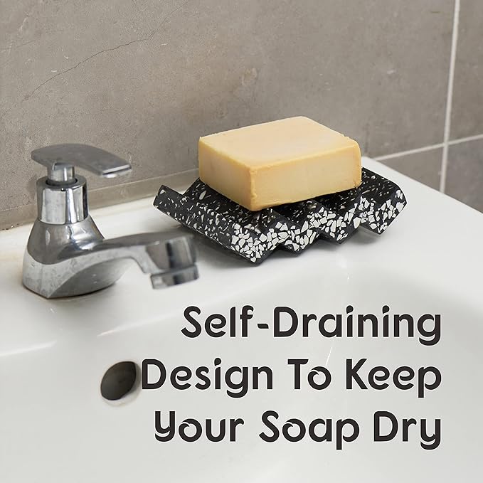 Zig Zag Terrazzo Stone Soap Dish for Bathroom Sink - Concrete Soap Saver for Bar Soap Holder for Shower - Sponge Holder - Self Draining Soap Dish Holder - Kitchen Soap Tray (Black)