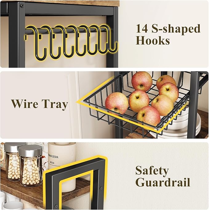 SNTD Baker Rack with Power Outlet - Microwave Stand with Storage, Large Coffee Bar Station with 14 Hooks, Metal Kitchen Shelf Rack for Spices, Pots (Rustic Brown) | with Power Outlet, with Storage, with 14 Hooks, for Spices, for Pots