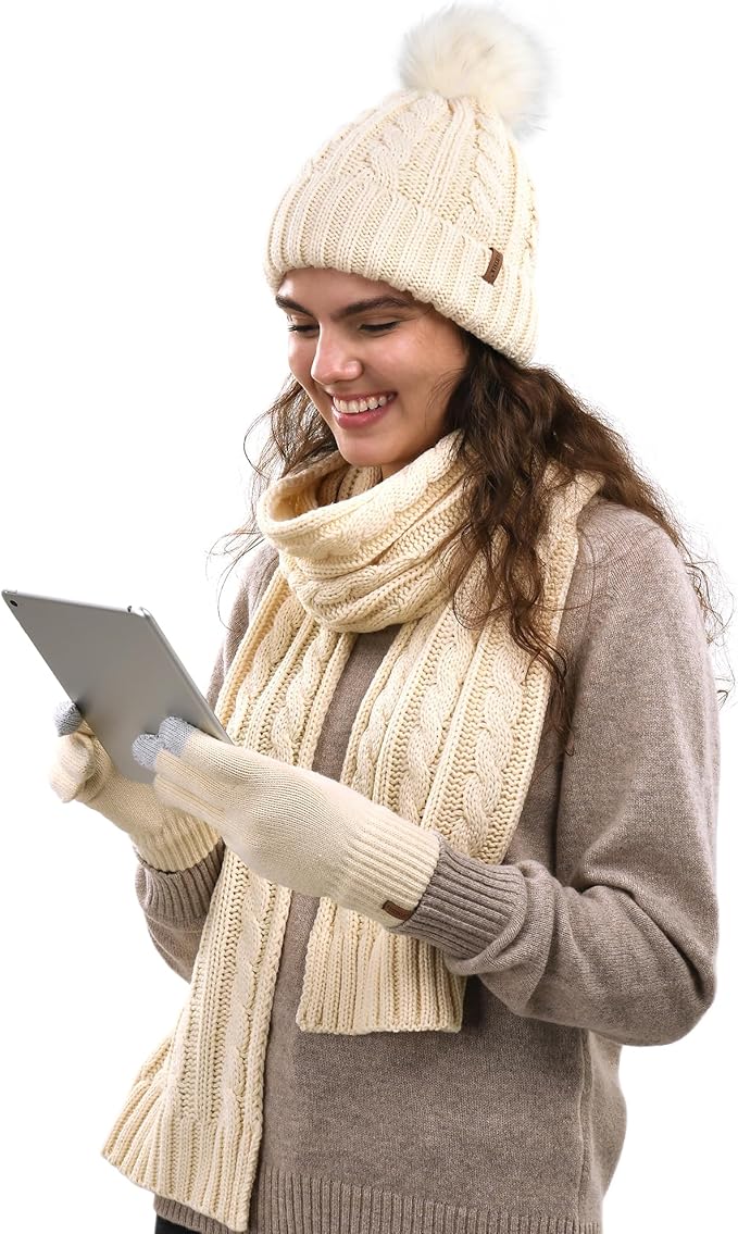FURTALK Womens Winter Hat Gloves Scarf Set Fleece Knit Pom Beanie Warm Neck Warmer Touchscreen Gloves 3 in 1 Gift Set