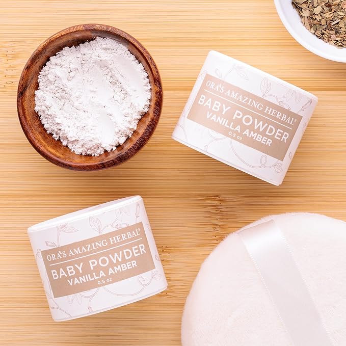 Ora's Amazing Herbal Baby Powder Talc-Free, Real Vanilla Amber Natural Scent, Cornstarch Free Arrowroot and Clay Based Powder, Synthetic, Pack of 2 Travel Size 0.5 oz