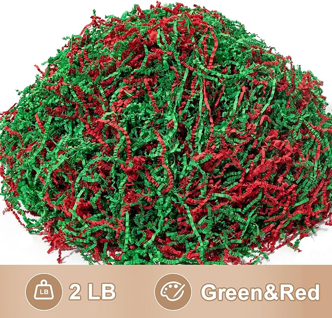 Wowxyz 2 LB Crinkle Cut Paper Shred Green & Red Crinkle Shredded Paper - Gift Box Baskets Bag Filler - Confetti Stuffing for Birthday, Holiday Gift Packaging Wrapping