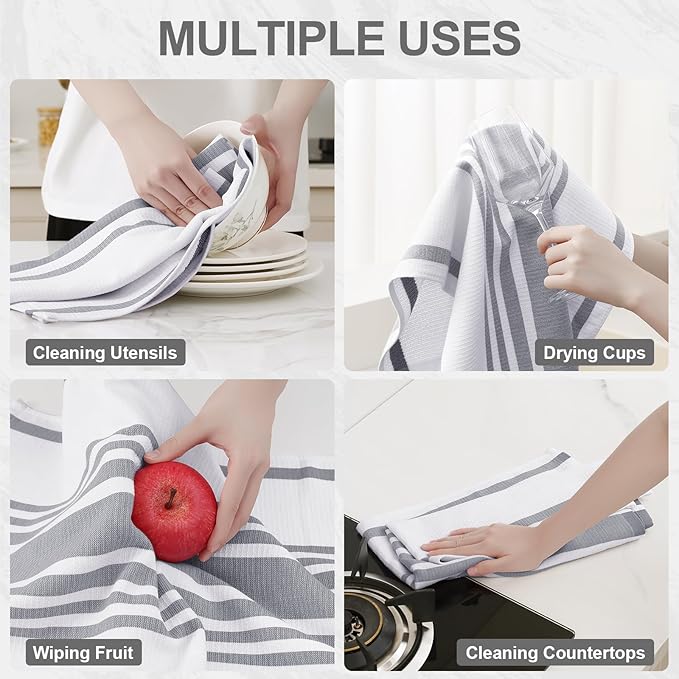 Homaxy Premium Kitchen Towels 18”x 28”, Large Cotton 380 GSM Kitchen Hand Towels, Stripe and Terry Dish Towel, Highly Absorbent Tea Towel Set with Hanging Loop, 8 Pack, Grey