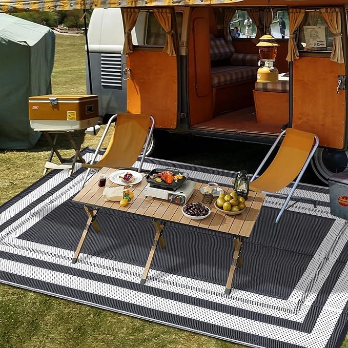 Waterproof Plastic Straw Outdoor Rug 9x18 Patio Reversible UV Resistant Foldable Camping Carpet Modern Border Large Outdoor Rugs for Deck, Picnic, Porch, Camper, Balcony, Beach，Grey/White
