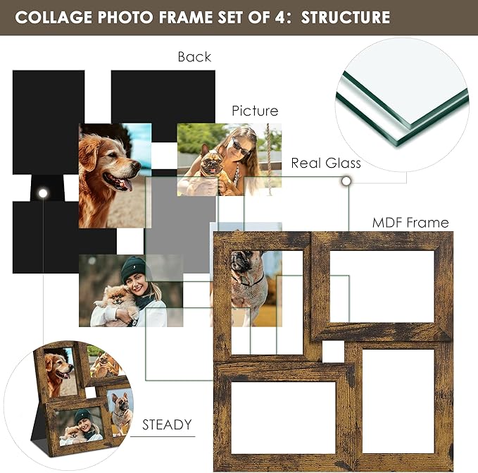 3.5x5 Picture Frame Tempered Glass Front Displays Four 3.5 x 5 Photos Frame Display for Tabletop and Wall Hanging Picture Frame Brown