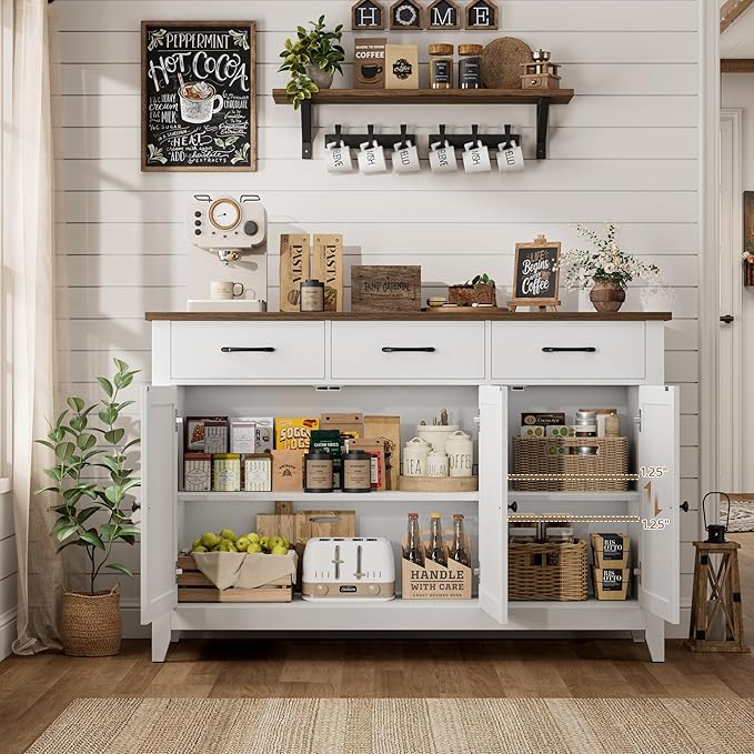 HORSTORS 47" Buffet Cabinet with Storage, Kitchen Buffet Table with Drawers, Modern Farmhouse Coffee Bar Storage Cabinet with Adjustable Shelf, Wood Sideboard for Dining Room, Kitchen, Entryway, White