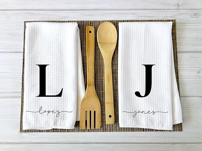 Custom Name Kitchen Towel | Personalized Tea Towel | Family Monogram Dish Towel | Farmhouse Decor | Hand Towel | Microfiber Dishcloth Gift (Set of 4 Towels)