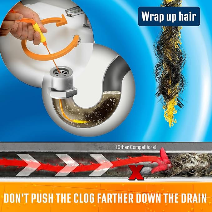 Flexisnake Drain Weasel Hair Clog Remover Kit – Plumbing Snake Auger for Cleaning Shower, Bath Tub, Bathroom Drains with Rotating Handle and 5 Disposable Wands, Made in USA