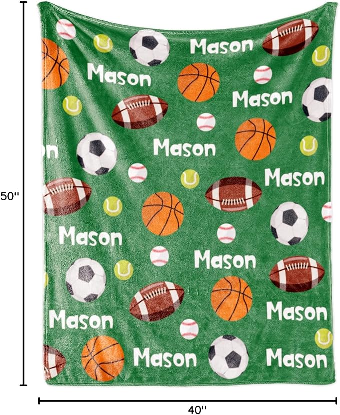 Custom Ball Blanket with Name for Boys, Personalized Name Blanket for Kids Ball, Soft Flannel Customized Gift for Birthday Christmas Baby Shower Children Day 40"x50"