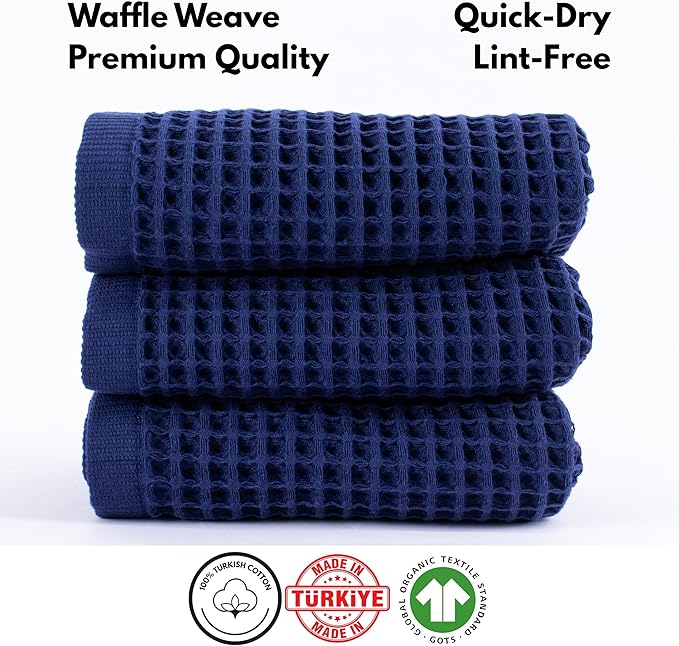 PÜSKÜL - Set of 3 Organic Waffle Hand Towel Navy - Premium Quality, 100% Turkish Cotton, Soft, Quick-Dry, Absorbent, Lint-Free Face Kitchen Hand Towels (Navy Blue, Hand Towels - Pack of 3)