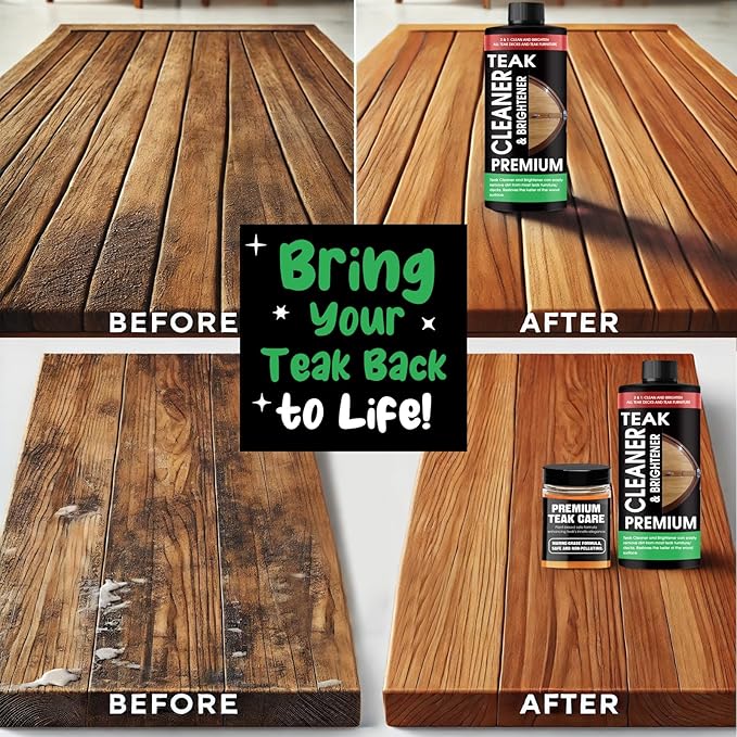 Teak Cleaner and Brightener Kit - Teak cleaner for wood outdoor furniture. Ideal for Boats, Decks, Patio & Fine Wood Furniture ｜Marine-Grade Teak Cleaner