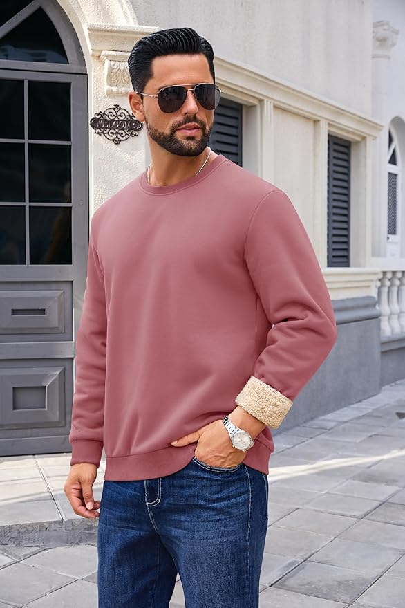 Boladeci Men's Full Sherpa Lined Crewneck Sweatshirts Heavy-weight Fleece Pullover Thick Thermal Long Sleeve Cotton