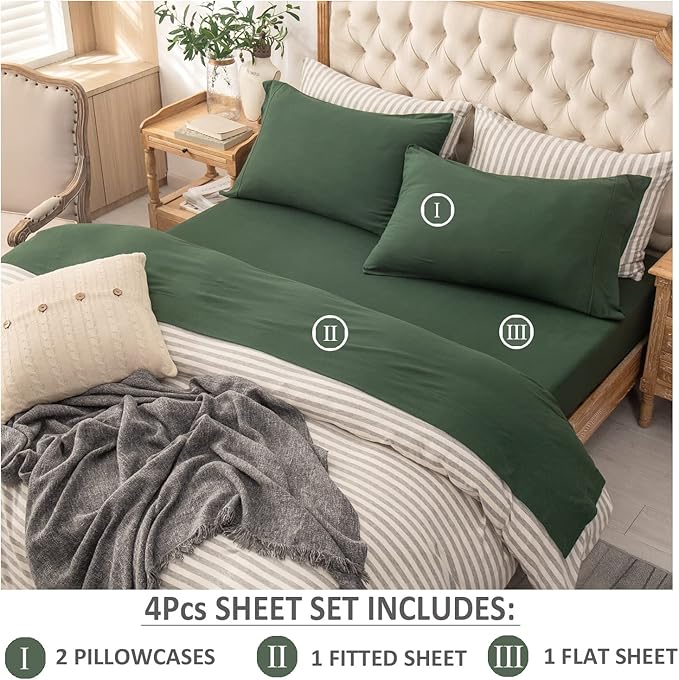 PURE ERA Jersey Knit 4pc Bed Sheet Set 100% T-Shirt Heather Cotton Super Soft Comfy Breathable Fits Mattress Up to 20" Extra Deep Pocket (Forest Green, Full)