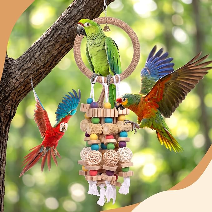 Parrot Chew Toys for Medium & Large Birds (Such as Macaws, African Grey Parrots, and Various Amazon Parrots). The Colorful, Natural Wooden Cage Parrot Toys for Large Birds.