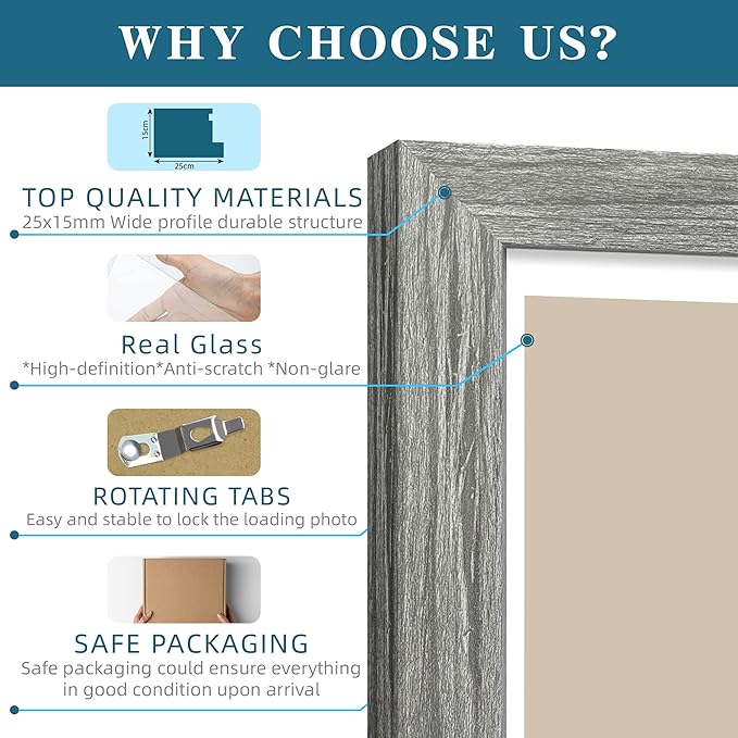 8x10 Picture Frame Set of 2, Grey Photo Frame of Rustic Style, Multi 8 by 10 Photo Frame for Wall or Tabletop Display - 5x7 Frame with Mat or 8x10 Without Mat