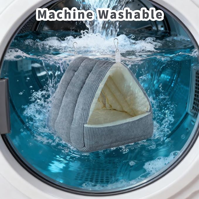 Small Winter Warm Bird Bed for Cage with Soft Plush Hanging Hammock & Hut Tent, Hideaway Sleeping Nest for Budgies, Cockatiels, Small Animals, and Guinea Pig Hideouts (Grey, S)