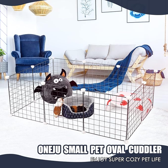 Guinea Pig Bed, Oval Cuddler, Removable Pad, Polyester, Ideal for Small Pets, Cuddle Cup Shape, Dark Blue, Leaf Pattern