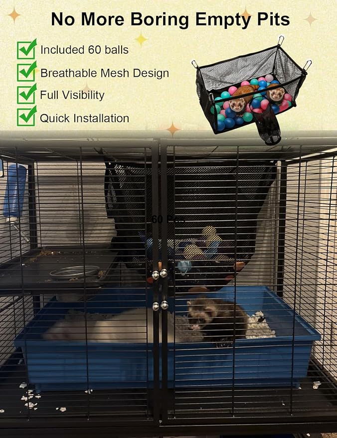 Ferret Ball Pit with 50 Pack Balls for Ferret Cage - Ferret Hammock for Cage Compatible with Tunnel System (Included 50 Pcs Ferret Toys Balls)