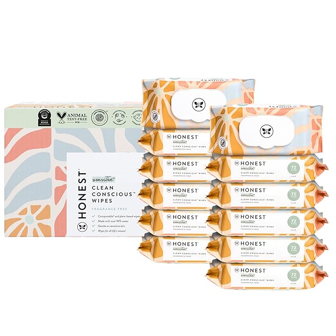 The Honest Company Clean Conscious Multi-Use Wipes Hypoallergenic Unscented for Sensitive Skin Over 99% Water Compostable Plant Based Baby Sunburst 864 Count