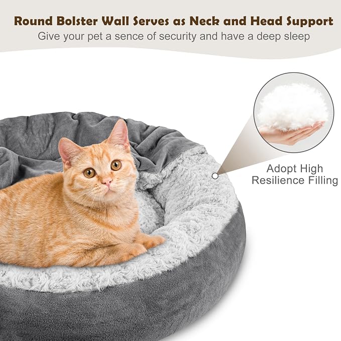 JOEJOY Small Dog Bed Cat Bed with Hooded Blanket, Cozy Cuddler Luxury Puppy Pet Bed, Donut Round Calming Anti-Anxiety Dog Burrow Cave Bed - Anti-Slip Bottom and Machine Washable 23 inch