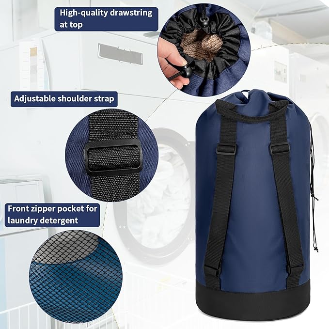 Laundry Bag Backpack with Shoulder Straps and Mesh Pocket Foldable Clothes Hamper Bag with Drawstring Closure for College, Apartment, Laundromat (Dark Blue)