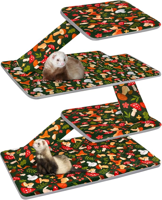 Bienbee Ferret Cage Liner Set, Leakproof Ferrets Cage Accessories for Small Animals Rats Chinchillas Hedgehogs Ferrets(Green Mushroom, Double Unit Combo)