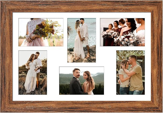 11x17 Picture Frame Display 6 picture frame collage 4x6,Multi Photo Frame with Mat,Plexiglass,Wall Mount Decor,Carbonized Brown Wood Grain