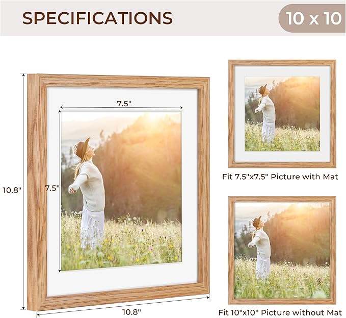 Fun Memories 10x10 Picture Frames, Square Frame 10 by 10 with Mat for 8 by 8, Rustic Oak Wood Frame 10"x10", 10 x 10 Wood Frame Set of 4, Minimalist 10x10 Photo Frames, Natural Oak Color