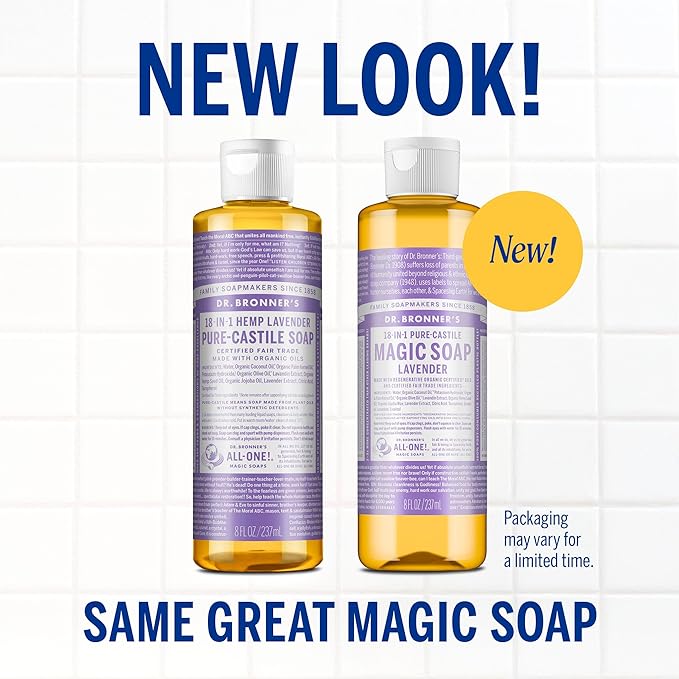 Dr. Bronner's Magic Soap-Pure-Castile Liquid Soap (Lavender, 8 ounce)-Regenerative Organic Certified Oils, 18-in-1 Uses: Body, Hair, Laundry, Pets & Dishes, Concentrated, Vegan, Non-GMO