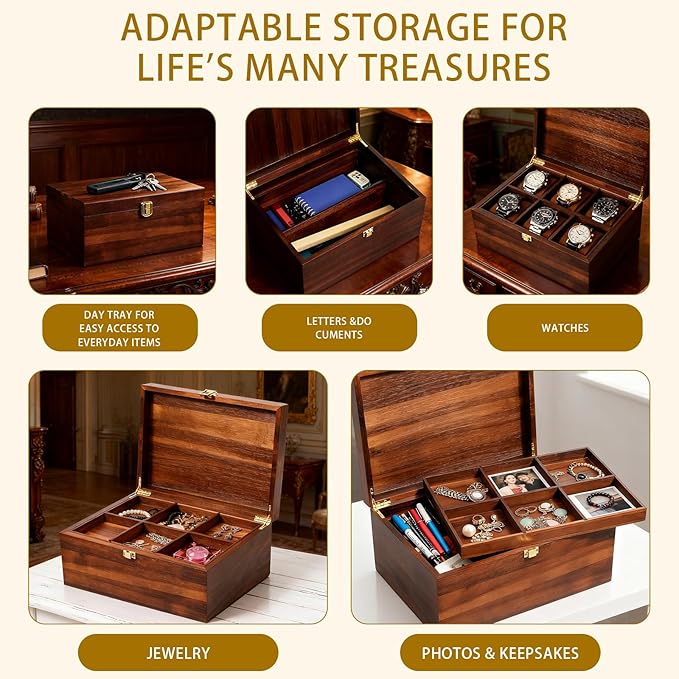 Large Wooden Keepsake Box - Wood Storage Box Decorative Boxes with Adjustable Tray for Storing Keepsake Memory Gift, 12.5 Keepsake Boxes for Home Decor-WB006 (Brown, 12.5 x 9.4 x 6.1 IN)