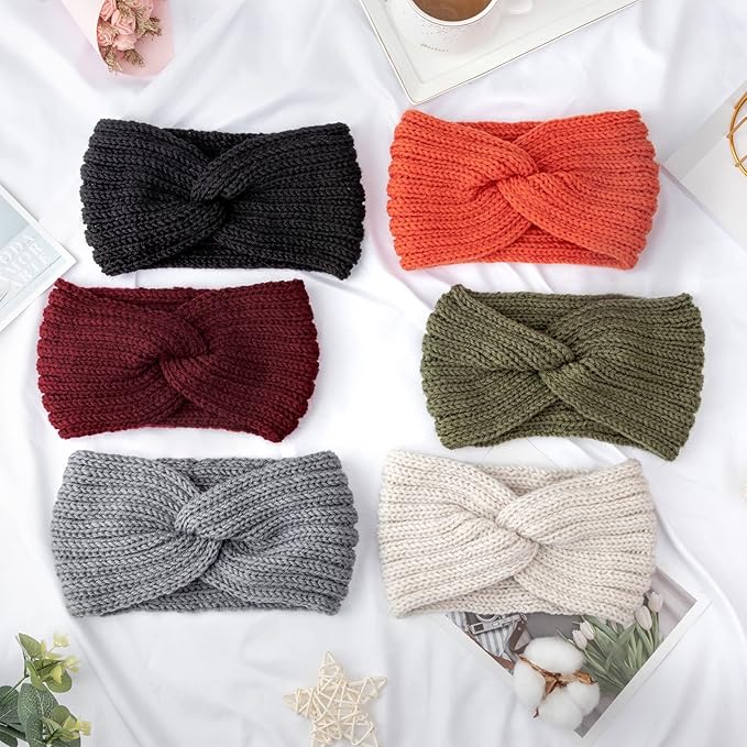 DRESHOW Winter Knit Chunky Headbands for Women Crochet Turban Knitted Ear Warmer Fashion Head Wrap 6 Pack