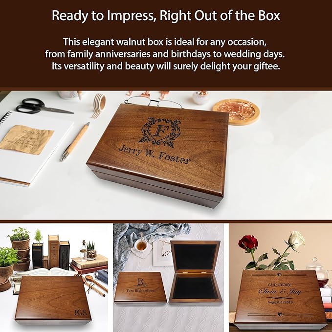 Personalized Keepsake Box | Walnut Wooden Memory Box Gift for Anniversary, Wedding, Valentine, Birthday, Baby Shower, Groomsman | Handmade Keepsake Storage Organizer | Engraved Name Box