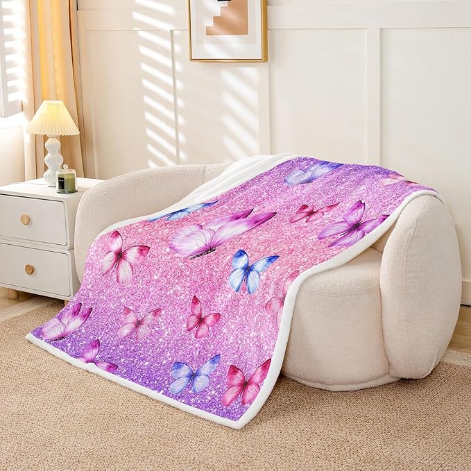 Feelyou Girls Butterfly Fleece Throw Blanket 40"x50" Kids Pink Glitter Print Sherpa Blanket Plush Fuzzy for Bed Couch Chair Living Room, Dreamy Girly Bed Blanket Princess Style Room Decor