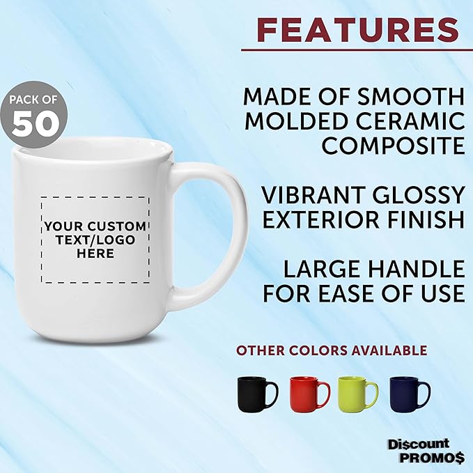 DISCOUNT PROMOS Custom Vibrant Color Glossy Ceramic Mugs 16 oz. Set of 50, Personalized Bulk Pack - Perfect for Tea, Espresso, Cappuccino, Hot Cocoa - White