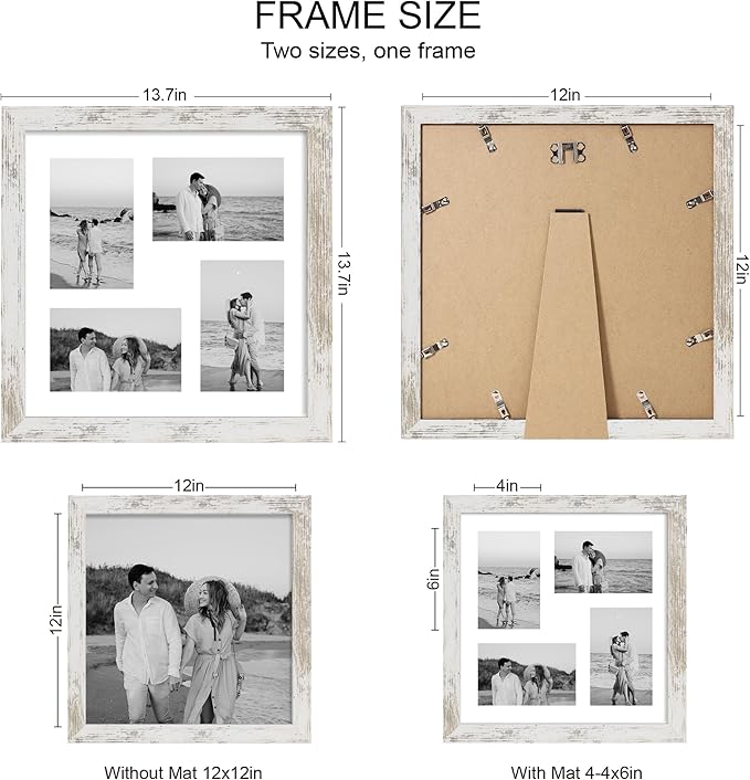 12x12 Picture Frame Set of 2, Distressed White Wood Frame with Glass Collage Frame, Display Pictures 4-4x6 With Mat or 12 x 12 Without Mat, Photo Frames Collage for Wall Hanging or Tabletop