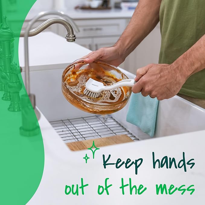 Scotch-Brite Pot + Pan Brush, Durable and Long Lasting Dish Brush with Handle for Scrubbing Stainless Steel, Outdoor Furniture, and Sinks Without Scratching, Antimicrobial, and Rinses Clean