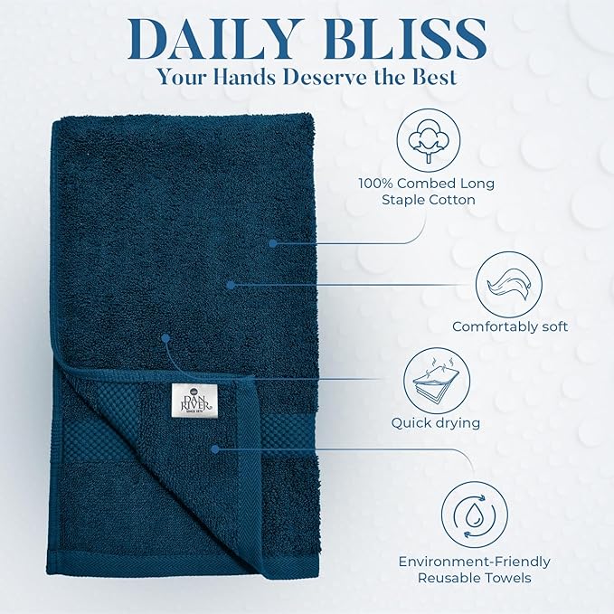 DAN RIVER 6-Pack Premium Hand Towels (16x28 Inches) - 100% Cotton, Ultra Soft, Lightweight, Highly Absorbent Towels for Bathroom, Spa, Gym, Salon, Hotel, and Travel - 550 GSM,Opal Blue