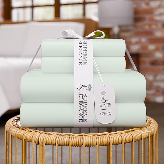 Supreme Elegance 100% Organic Cotton King Sheet Set – Crisp Percale, Lightweight & Breathable, Pastel Green Bed Sheets, Deep Pocket up to 18”, Naturally Cooling, Soft, Eco-Friendly, All Season Comfort