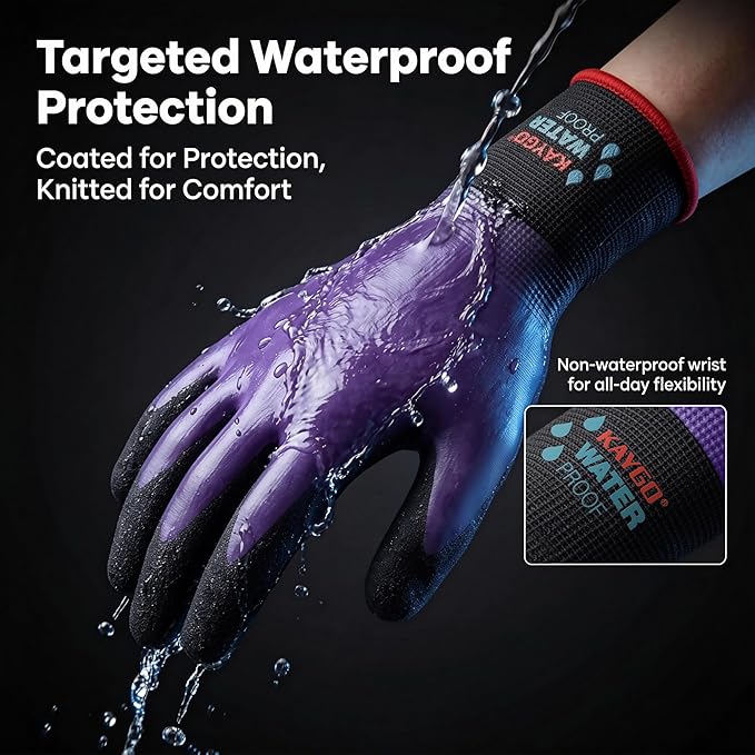 KAYGO Waterproof Work Gloves for Men and Women, Rubber Coated Non-slip Working Gloves for Garden, Outdoor Construction,KG150 (Purple, XL)