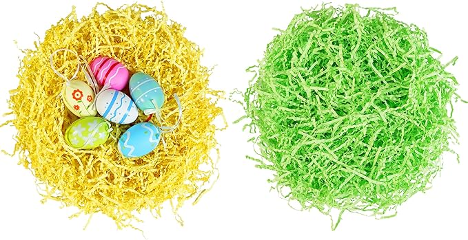 Bobobag - 1LB Easter Crinkle Cut Paper Shred Filler Recyclable Gift Wrap confetti Raffia Grass Shred Paper for Easter Baskets Filler Creative Eggs Decor (Yellow & Green)