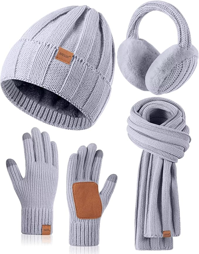 Winter Hat Gloves Scarf Earmuffs Set for Women, Fleece Lined Beanie Long Scarf Touchscreen Gloves Ear Warmer, 4 in 1 Gift Set
