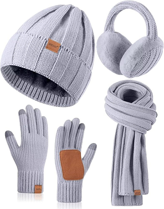 Winter Hat Gloves Scarf Earmuffs Set for Women, Fleece Lined Beanie Long Scarf Touchscreen Gloves Ear Warmer, 4 in 1 Gift Set