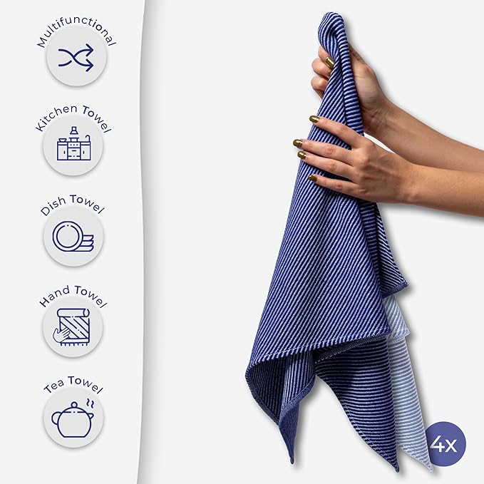 Decorative Tea Towels Set - 4 Pack, (20" x 30") - Large & Flour Sack - Versatile as, Kitchen Tea Towels, Decorative Dish Towels, Kitchen Hand Towels, Soft Kitchen Towels, Light and Navy Blue