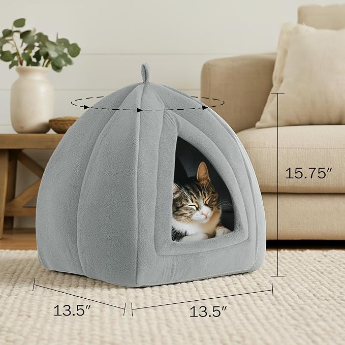 PETMAKER Indoor Cat House with Removable Foam Cushion, Gray, 13.5” x 15.75” | Plush Pet Bed Tent Hideaway with Cozy Soft Interior for Cats, Kittens, and Small Pets, Small Animal Sleep & Rest Space