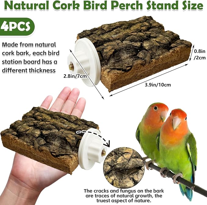 kathson Natural Cork Bird Perch Stand Platform Small Birds Wooden Rectangle Stand Perch Parakeet Chewing Toy Cage Accessories for Lovebirds Cockatiels Conures Parrots(Style A,4PCS)