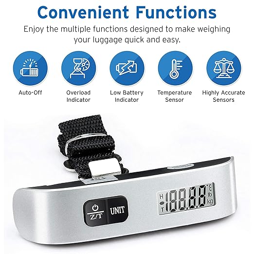 Etekcity Luggage Scale, Travel Essentials, Digital Suitcase Weight Scales for Travel Accessories, Hanging Baggage Scale with hook, 110 Pounds, Battery Included, Silver