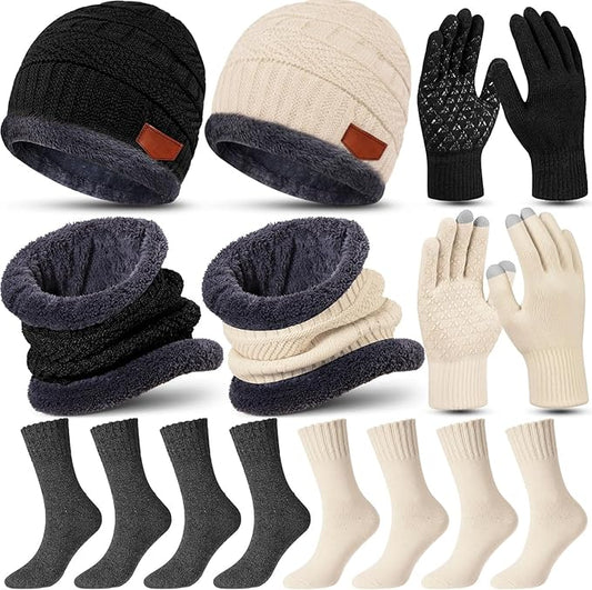 10 Pieces Winter Hat Beanie Scarf Touch Screen Gloves and Sock Set Slouchy Knit Skull Cap Beanies Fleece Lining Neck Warmer