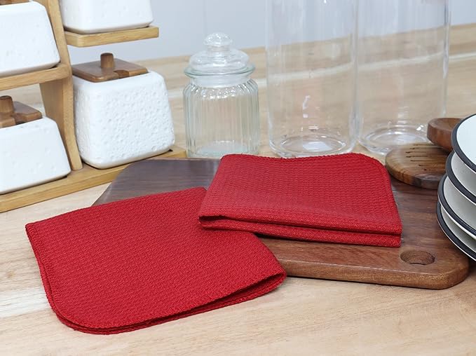 PurpleEssences Dish Cloths and Dish Rags - 8 Pack Waffle Weave Solid Kitchen Dish Wash Cloths, 100% Cotton, 12 x 12 Inches, Ultra Soft Absorbent Quick Drying - Christmas Holiday Winter - Red