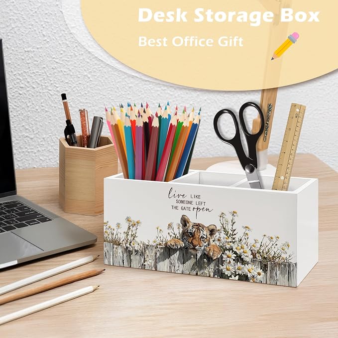 Rustic Tiger Pen Holder Organizer, Farmhouse Tiger Gifts for Women Girls Desk Decor, Live Like Someone Left the Gate Open Wooden Pen Pencil Holders for Vintage Desk Accessories