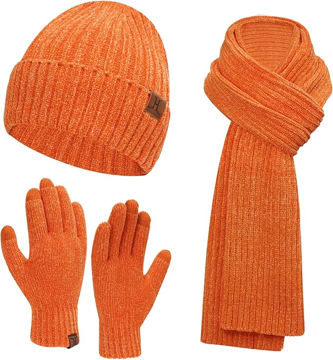Womens Winter Knit Warm Hat Beanie Long Scarf Touch Screen Gloves Set Skull Caps Neck Scarves for Women