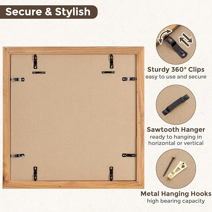 Fun Memories 16x16 Picture Frame, Square Frames 16 x16-Tempered Glass, 16"x16" Wood Picture Frames for Wall, Display Pictures 12x12 with Mat or 16 x 16 Without Mat, Natural, 1 Pack